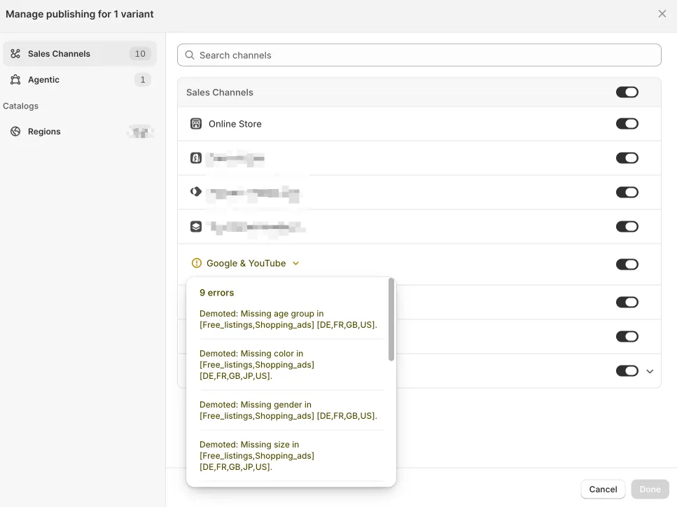 Shopify Manage publishing modal showing Google & YouTube with 9 demotion errors for missing age group, color, gender, and size across DE, FR, GB, JP, US
