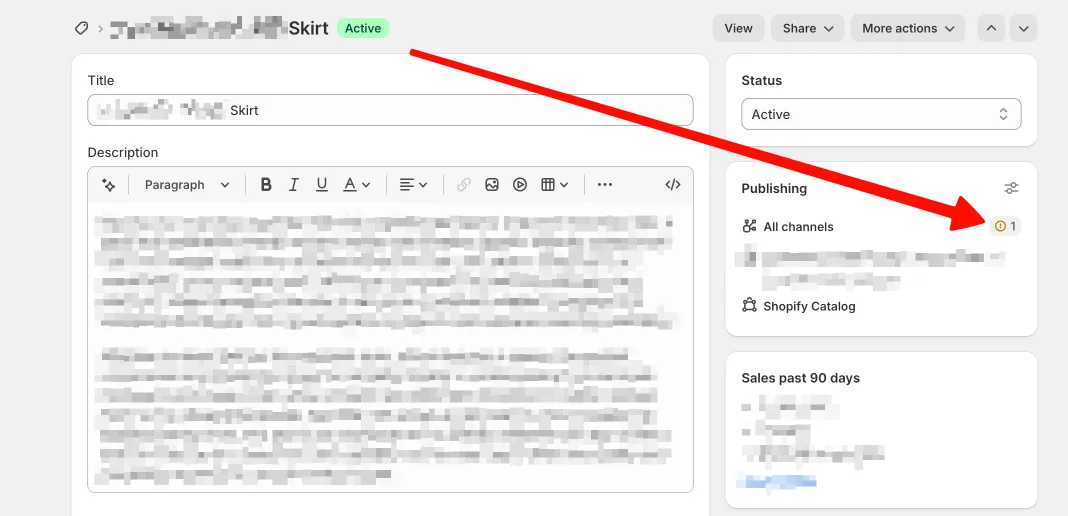 Shopify product Publishing panel showing an "All channels" warning icon on an Active skirt listing