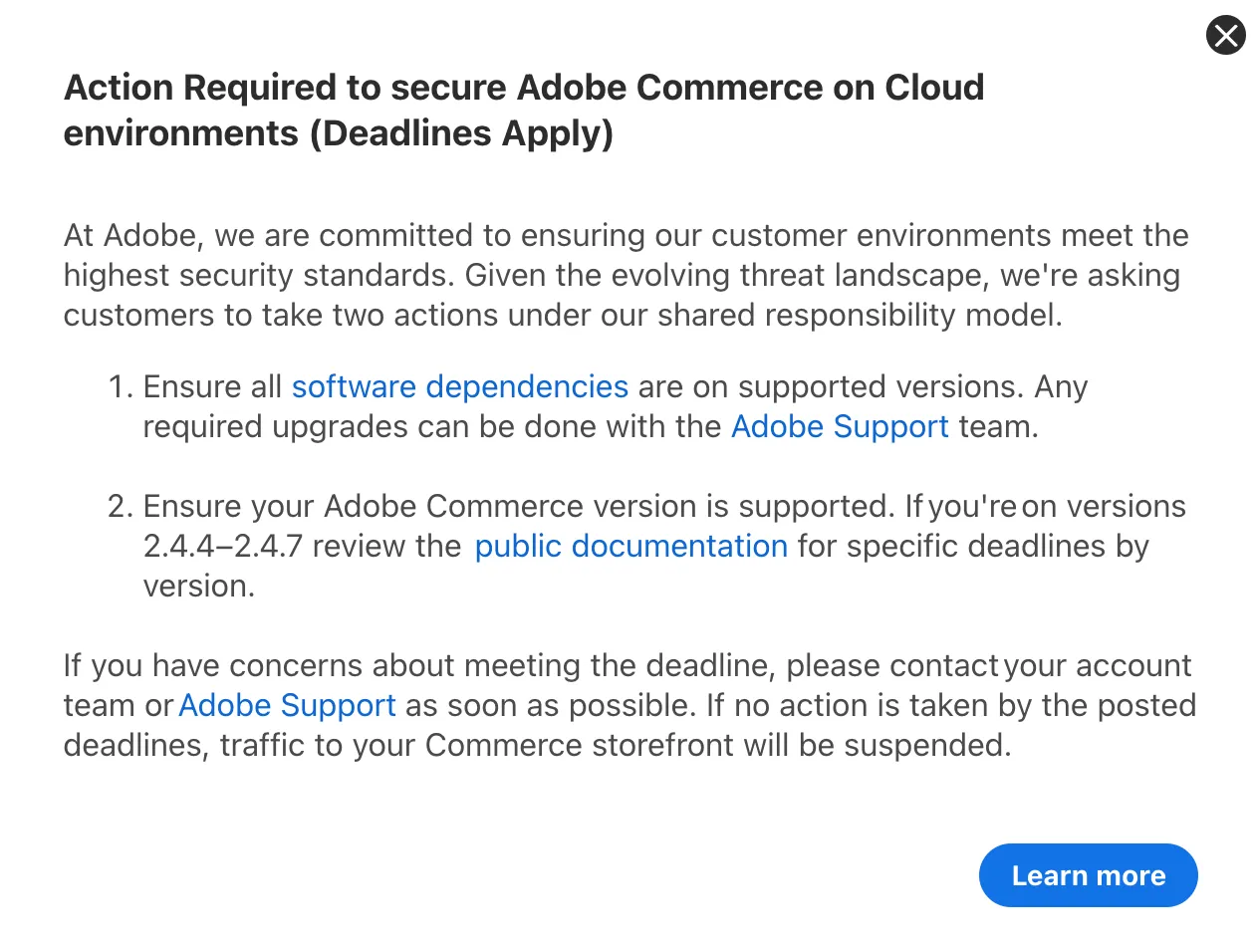 Adobe Commerce admin dashboard warning titled 'Action Required to secure Adobe Commerce on Cloud environments (Deadlines Apply)' instructing customers to upgrade software dependencies and their Commerce version or have storefront traffic suspended