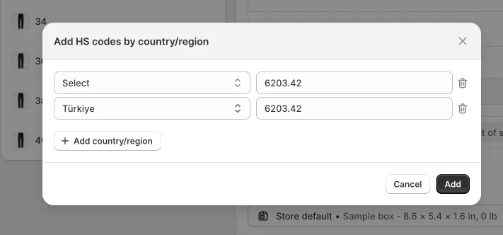 Shopify Dialog "Add HS codes by country/region" mit Standardzeile und Türkiye-Zeile, beide 6203.42