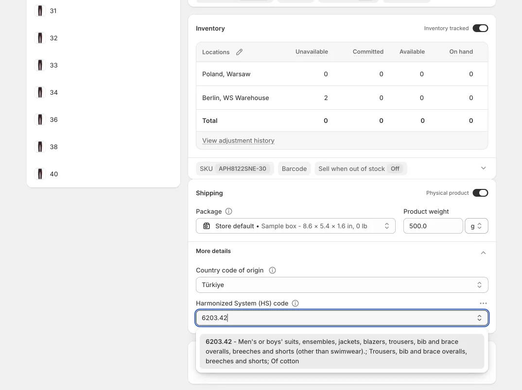 Shopify Variante mit Ursprungsland Türkiye und Harmonized System (HS) Code 6203.42